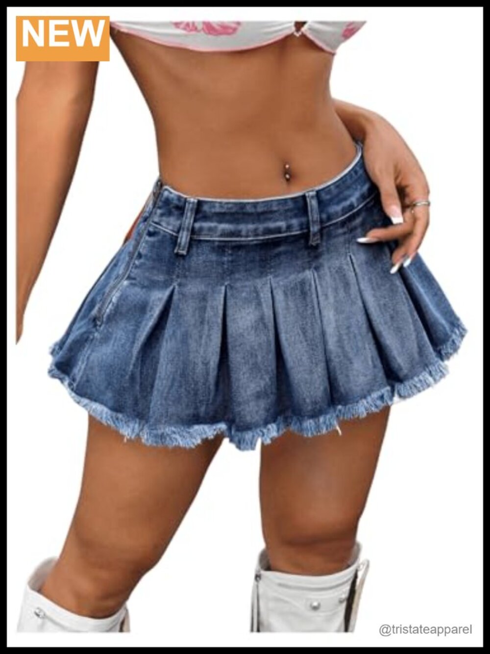 Mini Pleated Denim Skirt Raw Hem Zipper Fly A-Line Casual Jean Skirt